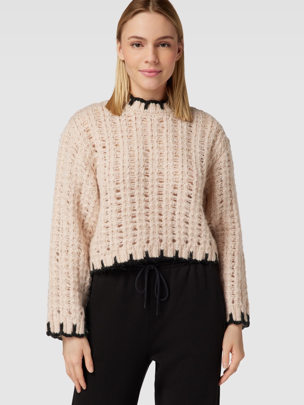 MNG Mango Cream Open-Knit Crew Crochet knit Sweater with Black Trim